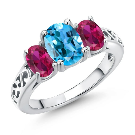 Gem Stone King 925 Sterling Silver Swiss Blue Topaz and Red Created Ruby Filigree Style 3 Stone Ring for Women (2.50 Cttw, Oval 8X6MM and 6X4MM) (Size 5)