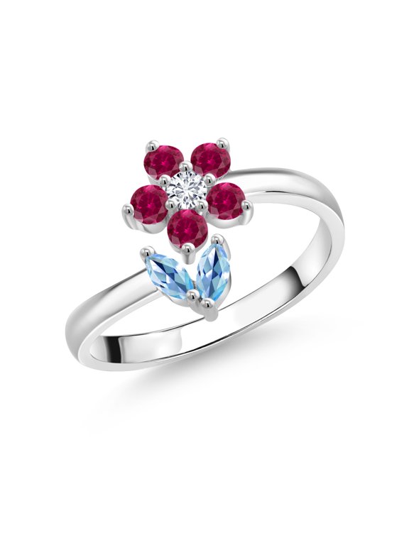 925 Sterling Silver Swiss Blue Topaz Red Created Ruby and White Lab Grown Diamond Flower Open Ring for Women (0.54 Cttw, Gemstone November Birthstone, Size 7)