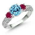 thumbnail image 1 of Gem Stone King 925 Sterling Silver Swiss Blue Topaz Red Created Ruby and White Moissanite Engagement Ring for Women (2.23 Cttw, Gemstone November Birthstone, Round 7MM and 4MM, Size 5), 1 of 3