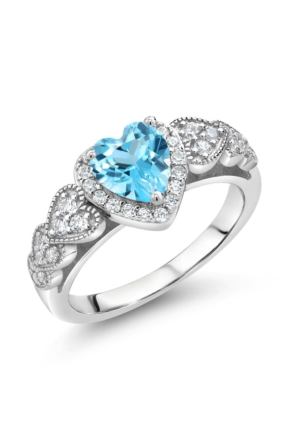 925 Sterling Silver Swiss Blue Topaz Ring for Women (1.38 Cttw, Heart Shape 6MM, Gemstone Birthstone, Available in Size 5, 6, 7, 8, 9)