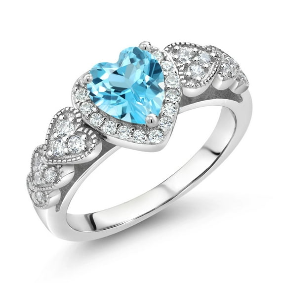 Gem Stone King 925 Sterling Silver Swiss Blue Topaz Ring for Women (1.38 Cttw, Heart Shape 6MM, Gemstone Birthstone, Available in Size 5, 6, 7, 8, 9)