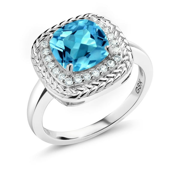 Gem Stone King 925 Sterling Silver Swiss Blue Topaz Ring for Women (2.30 Cttw, Cushion 8MM, Gemstone Birthstone, Available in Size 5, 6, 7, 8, 9)