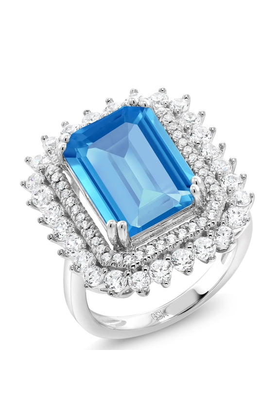 925 Sterling Silver Swiss Blue Topaz Ring for Women (7.60 Cttw, Gemstone Birthstone, Emerald Cut 14X10MM, Available 5,6,7,8,9)