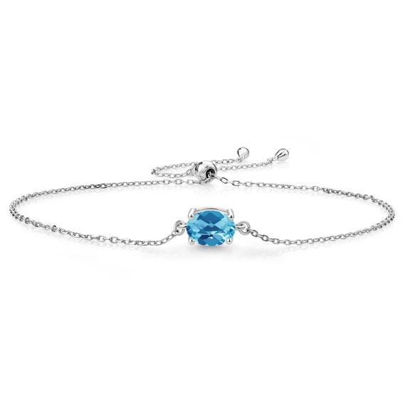 Gem Stone King 925 Sterling Silver Swiss Blue Topaz Solitaire Bracelet for Women (1.30 Cttw, Oval Checkerboard 8X6MM, Gemstone November Birthstone, Fully Adjustable up to 9 inch)