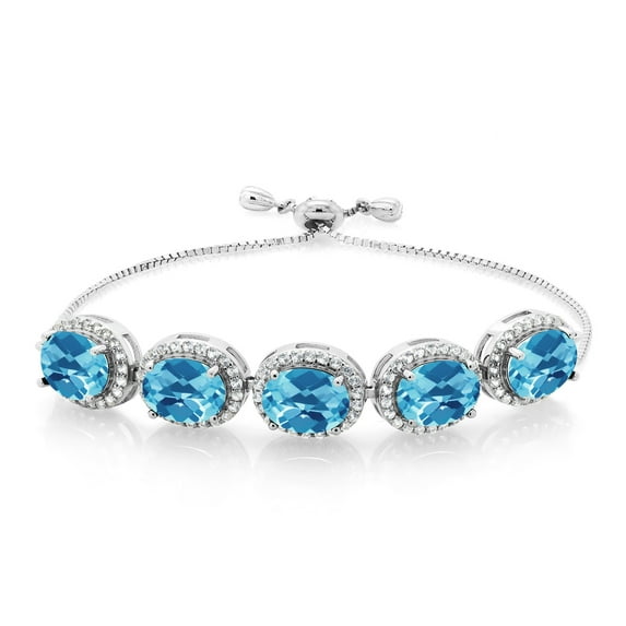 Gem Stone King 925 Sterling Silver Swiss Blue Topaz Tennis Bracelet for Women (12.30 Cttw, Oval Checkerboard 9X7MM, Gemstone November Birthstone, Fully Adjustable up to 9 inch)