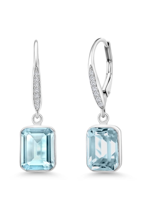 925 Sterling Silver Swiss Blue Topaz and White Lab Grown Diamond Dangle Leverback Earrings for Women (9.00 Cttw, Gemstone Birthstone, Emerald Cut 10X8MM)