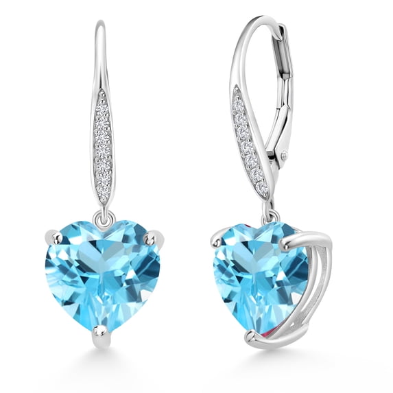 Gem Stone King 925 Sterling Silver Swiss Blue Topaz and White Lab Grown Diamond Leverback Dangle Drop Earrings for Women (8.10 Cttw, Gemstone November Birthstone, Heart Shape 10MM)
