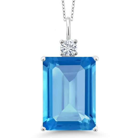 Gem Stone King 925 Sterling Silver Swiss Blue Topaz and White Moissanite from Charles & Colvard Pendant Necklace for Women (16.23 Cttw, Emerald Cut 18X13MM, With 18 inch Silver Chain)