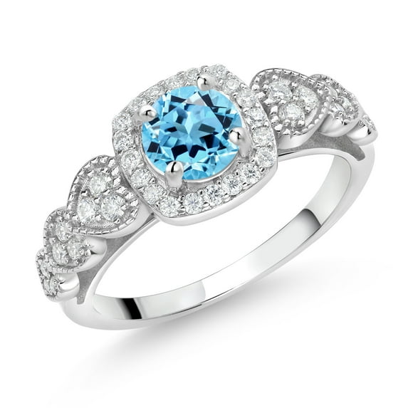 Gem Stone King 925 Sterling Silver Swiss Blue Topaz and White Moissanite Engagement Ring for Women (1.38 Cttw, Round 6MM, Gemstone November Birthstone, Size 9)