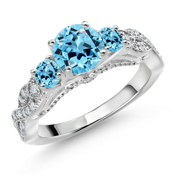 Gem Stone King 925 Sterling Silver Swiss Blue Topaz and White Moissanite Engagement Ring for Women (1.57 Cttw, Gemstone November Birthstone, Round 6MM and 3MM, Size 8)