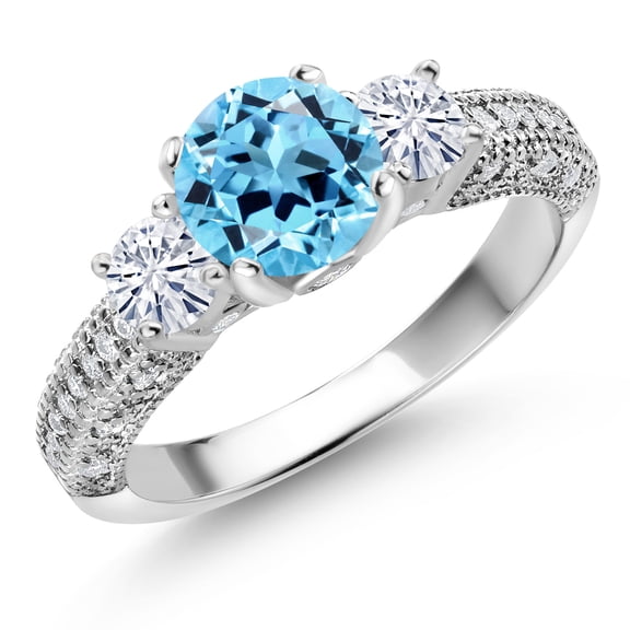 Gem Stone King 925 Sterling Silver Swiss Blue Topaz and White Moissanite Engagement Ring for Women (2.19 Cttw, Gemstone November Birthstone, Round 7MM and 4MM, Size 6)