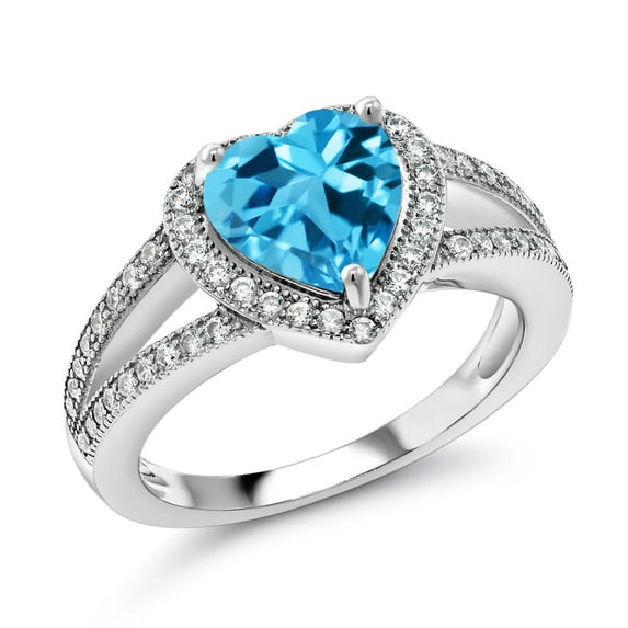 Gem Stone King 925 Sterling Silver Swiss Blue Topaz and White Moissanite Ring for Women (3.01 Cttw, Gemstone November Birthstone, Heart Shape 8MM, Available in Size 5,6,7,8,9)