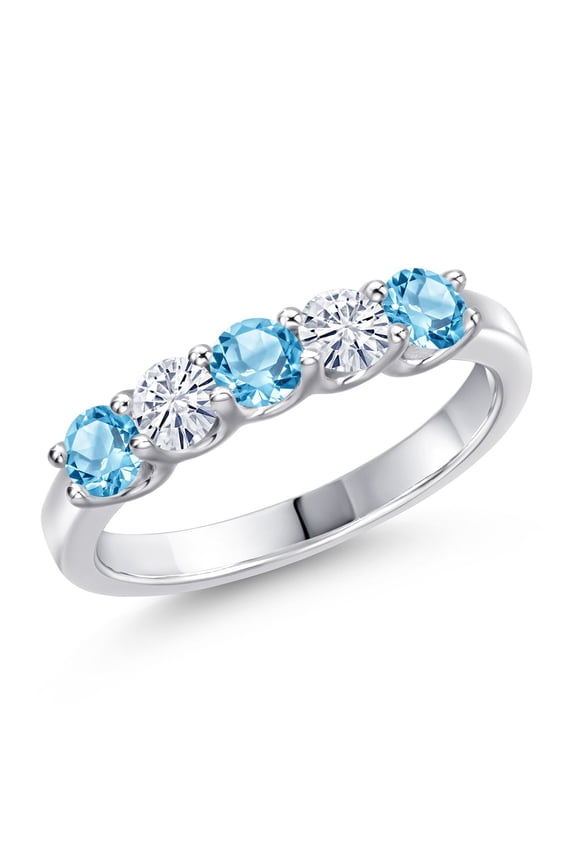 925 Sterling Silver Swiss Blue Topaz and White Moissanite Wedding-Bands Ring for Women | 0.92 Cttw | Round 3.5MM | Gemstone November Birthstone | Size 5