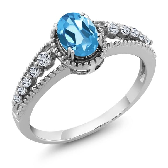 Gem Stone King 925 Sterling Silver Swiss Blue Topaz and White Topaz Engagement Ring for Women | 1.21 Cttw | Oval 7X5MM | Gemstone November Birthstone | Size 7