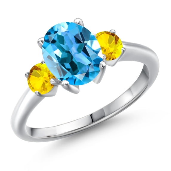 Gem Stone King 925 Sterling Silver Swiss Blue Topaz and Yellow Sapphire Engagement Ring for Women | 2.97 Cttw | Oval 9X7MM | Gemstone November Birthstone | Size 6