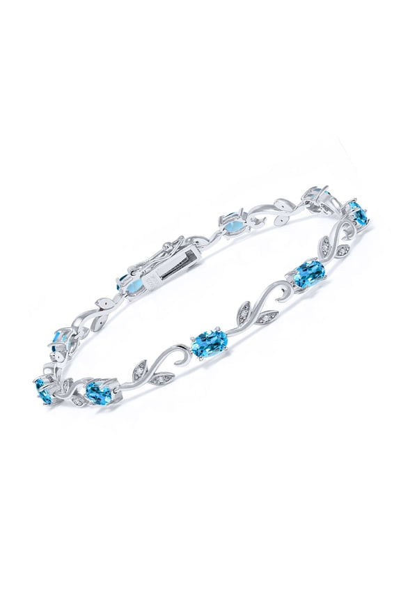 5.08 Cttw Swiss Blue Topaz and Diamond Greek Vine Tennis Bracelet for Women | 925 Sterling Silver | Gemstone Birthstone | 7 inch