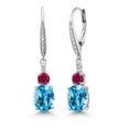 thumbnail image 1 of Gem Stone King 925 Sterling Silver Swiss Blue Topaz and Red Created Ruby Dangle Earrings for Women with Lab Grown Diamond (5.03 Cttw, Oval 9X7MM), 1 of 3