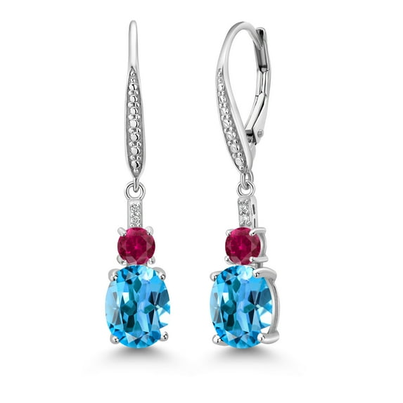 Gem Stone King 925 Sterling Silver Swiss Blue Topaz and Red Created Ruby Dangle Earrings for Women with Lab Grown Diamond (5.03 Cttw, Oval 9X7MM)