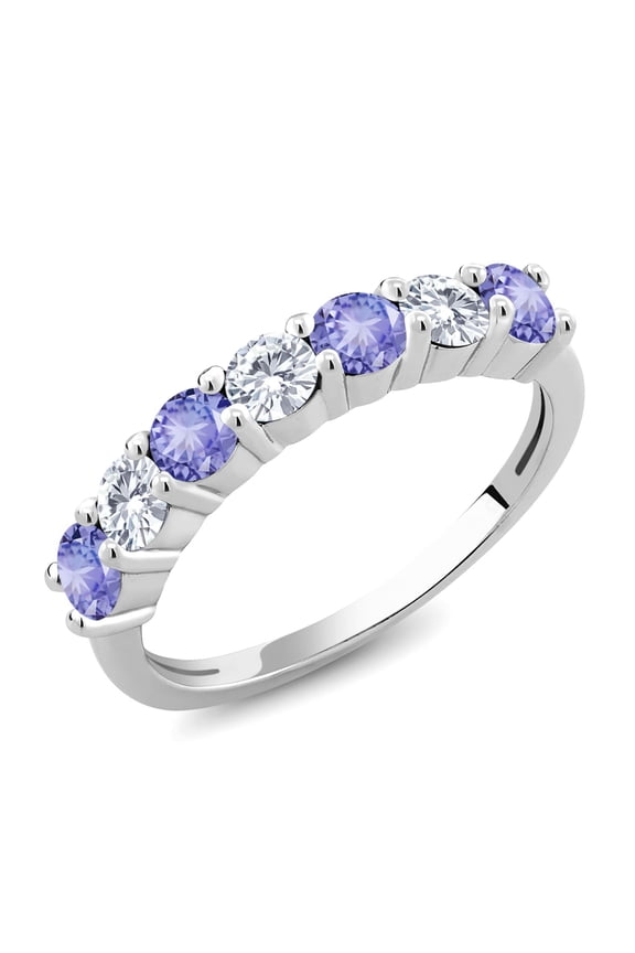 925 Sterling Silver Tanzanite and White Moissanite Wedding Band Ring for Women (1.20 Cttw, Gemstone Birthstone, Available in Size 5, 6, 7, 8, 9)
