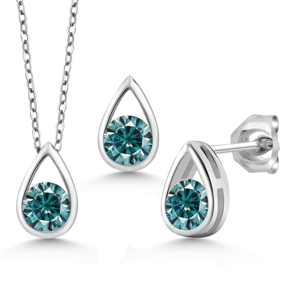 Gem Stone King 925 Sterling Silver Teardrop Pendant and Earrings Jewelry Set Blue Round Moissanite (1.50 Cttw)