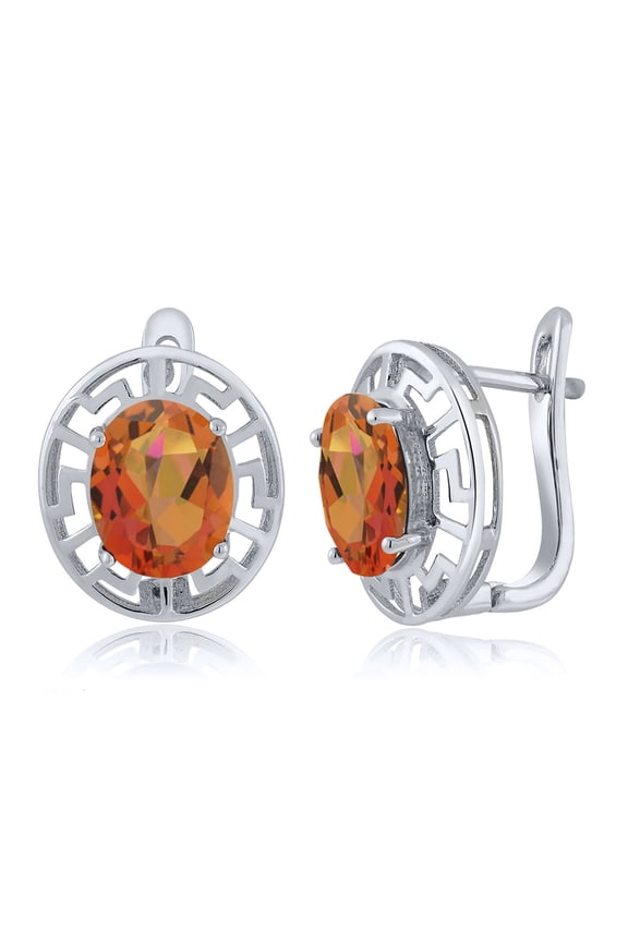 925 Sterling Silver Twilight Orange Mystic Quartz Greek Key Earrings for Women (5.40 Cttw, Gemstone Birthstone, Oval 10X8MM)