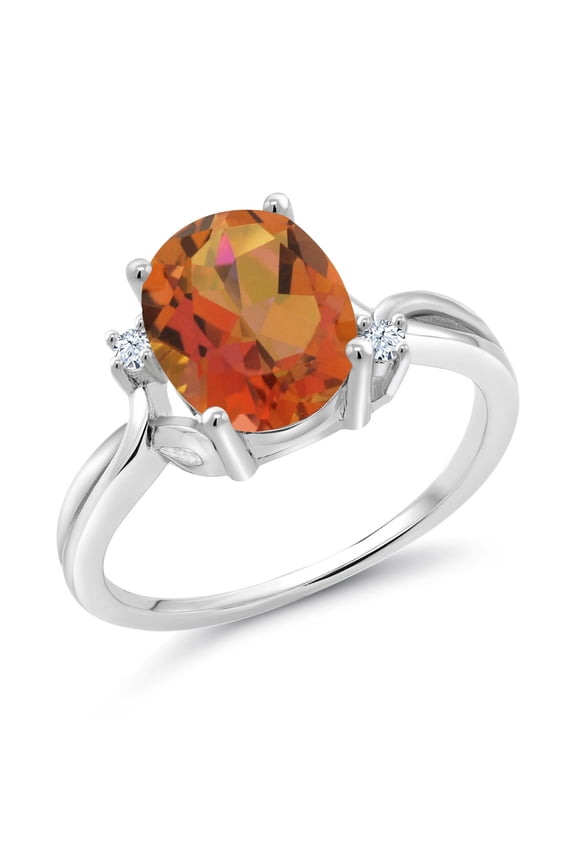 925 Sterling Silver Twilight Orange Mystic Quartz and White Created Sapphire 3 Stone Ring for Women (2.73 Cttw, Oval 10X8MM, Gemstone Birthstone, Size 9)