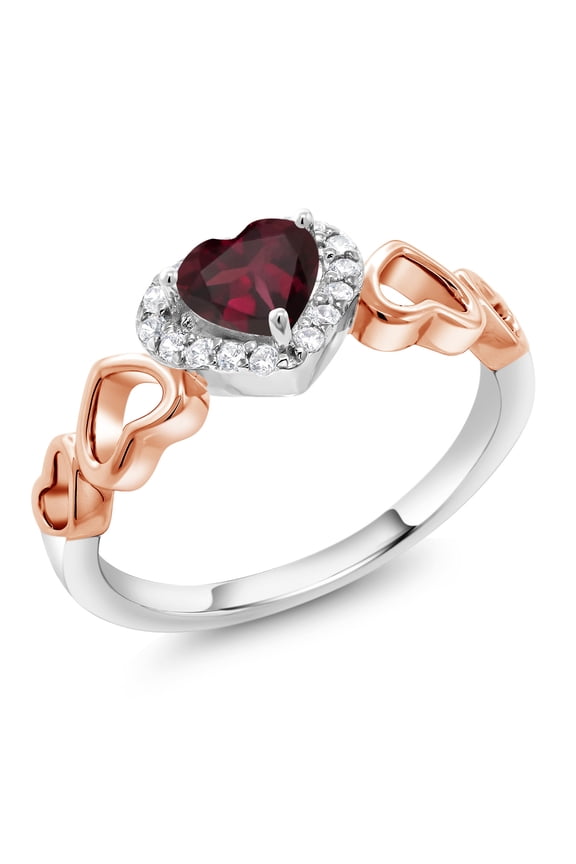 925 Sterling Silver Two-Tone Ring 0.71 Ct Heart Shape Red Rhodolite Garnet (Size 6)