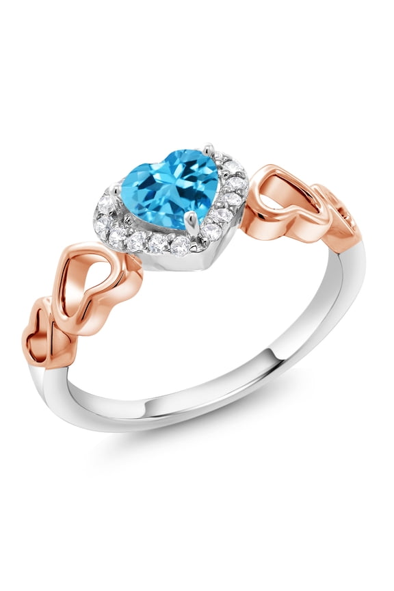 925 Sterling Silver Two-Tone Ring 0.72 Ct Heart Shape Swiss Blue Topaz (Size 6)