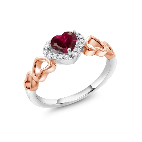 Gem Stone King 925 Sterling Silver Two-Tone Ring 0.76 Ct Heart Shape Red Created Ruby (Size 6)