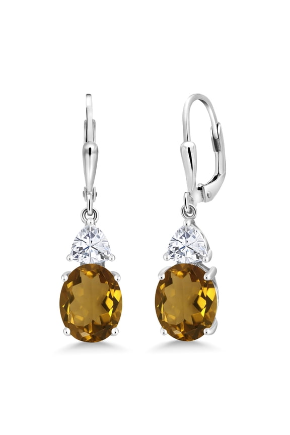 925 Sterling Silver Whiskey Quartz and White Moissanite Dangle Earrings for Women (4.94 Cttw, Gemstone Birthstone, Oval 10X8MM, Trillion 5MM)