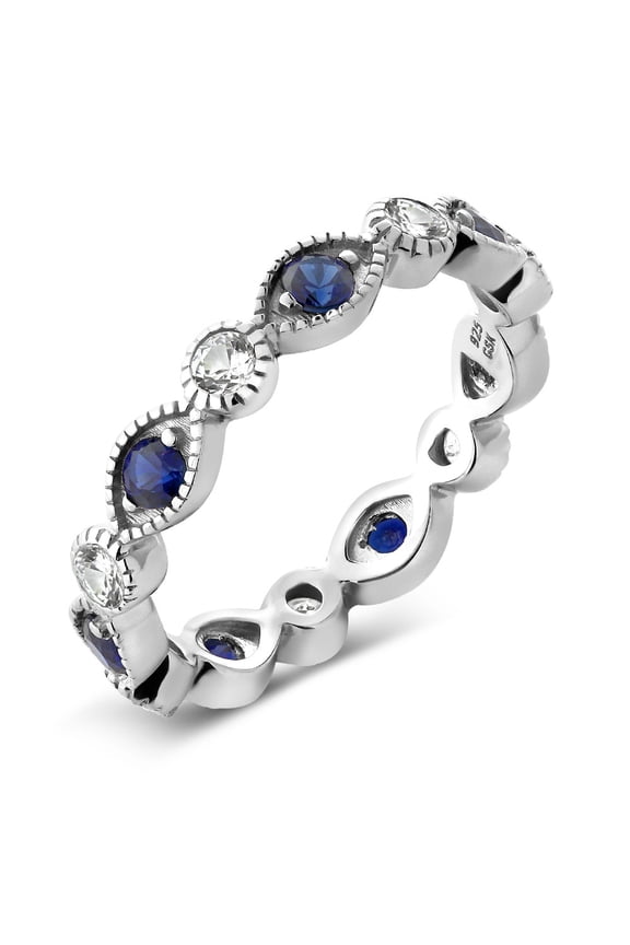 0.70 Cttw White and Blue Created Sapphire Wedding Stackable Eternity Band Ring for Women | 925 Sterling Silver | Wedding Engagement Anniversary Promise Ring for Women | Size 6