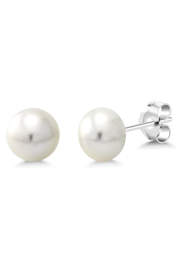 925 Sterling Silver White Button Cultured Freshwater Pearl 7MM-7.5MM Stud Earrings