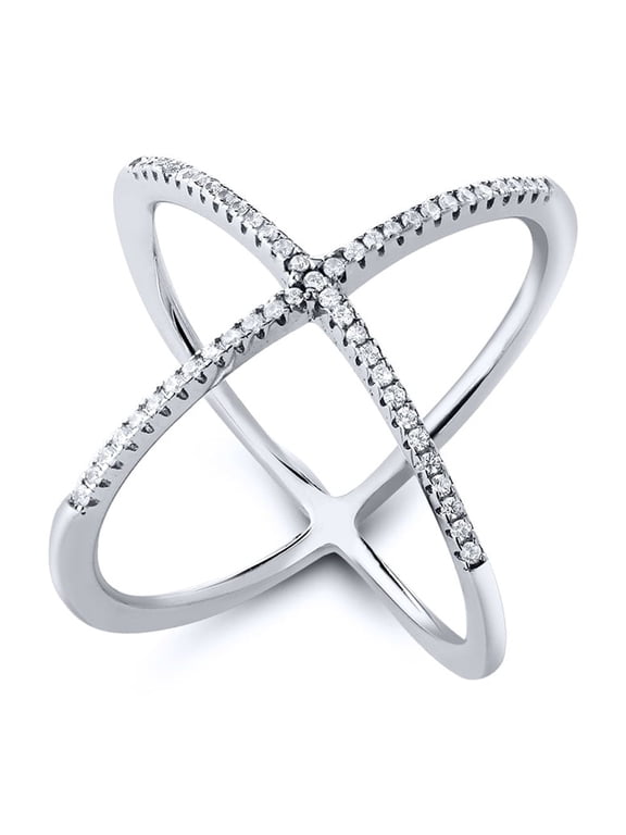 925 Sterling Silver White CZ Criss Cross Single `X` Long Ring (Size 5)