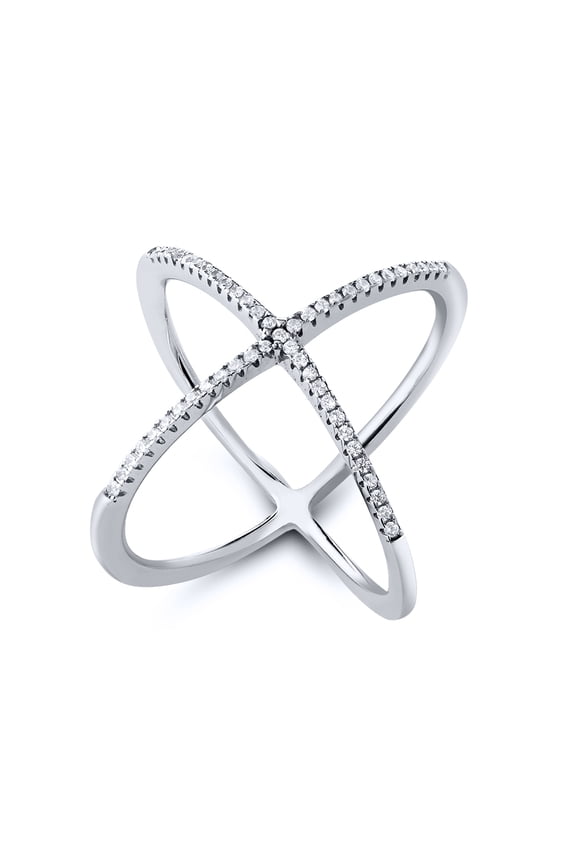 925 Sterling Silver White CZ Criss Cross Single `X` Long Ring (Size 5)