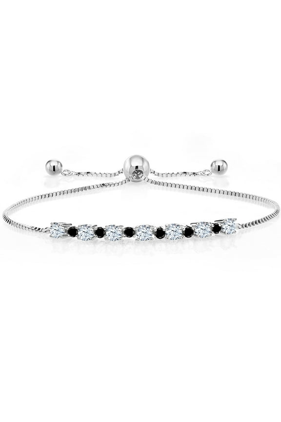 925 Sterling Silver White Created Sapphire and Black Diamond Tennis Bracelet for Women | 1.06 Cttw | Round 3MM and 1.7MM | Adjustable Bolo Bracelet for Women | Easy-On Easy-Off
