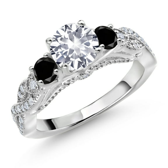 Gem Stone King 925 Sterling Silver White Created Sapphire Black Diamond and White Moissanite Engagement Ring for Women (1.47 Cttw, Gemstone September Birthstone, Round 6MM and 3MM, Size 5)