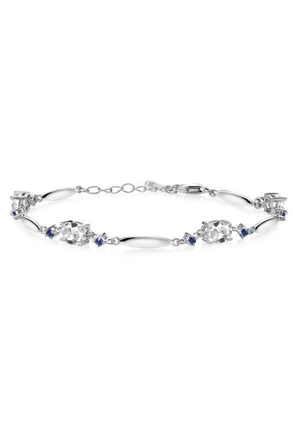 925 Sterling Silver White Created Sapphire and Blue Created Sapphire Tennis Bracelet for Women | 4.36 Cttw | Gemstone September Birthstone | Oval 7X5MM | 6 inch + 1 inch Extender