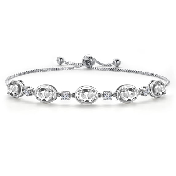 Gem Stone King 925 Sterling Silver White Created Sapphire Bracelet for Women | 5.00 Cttw | Gemstone September Birthstone | Oval 7X5MM | Fully Adjustable 9 inch