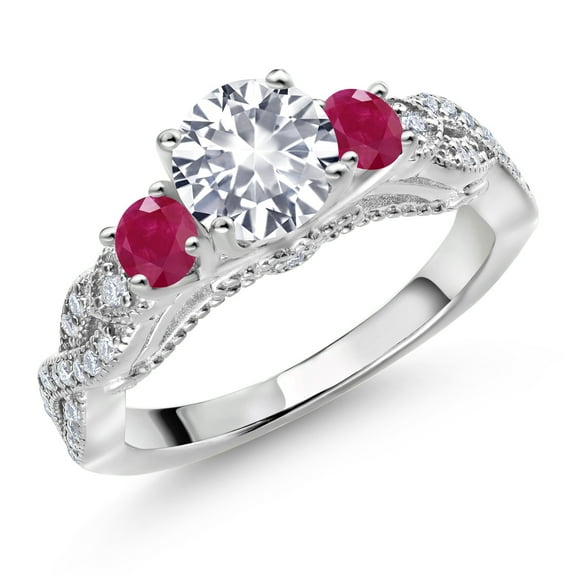 Gem Stone King 925 Sterling Silver White Created Sapphire Red Ruby and White Moissanite Engagement Ring for Women (1.58 Cttw, Gemstone September Birthstone, Round 6MM and 3MM, Size 8)