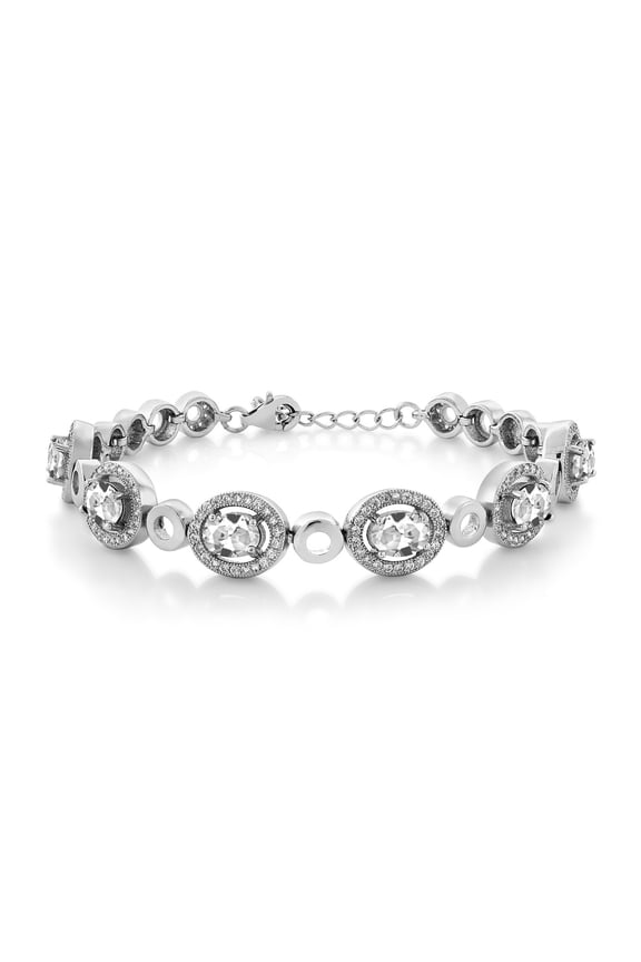 925 Sterling Silver White Simulated Opal Tennis Bracelet for Women (7.92 Cttw, Oval Cabochon 7X5MM, 7 inch with 1 inch Extender)