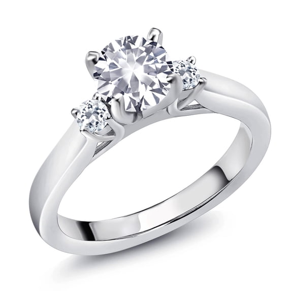 Gem Stone King 925 Sterling Silver White Created Sapphire and White Topaz 3-Stone Engagement Ring for Women (1.48 Cttw, Round 6MM, Gemstone September Birthstone, Size 9)