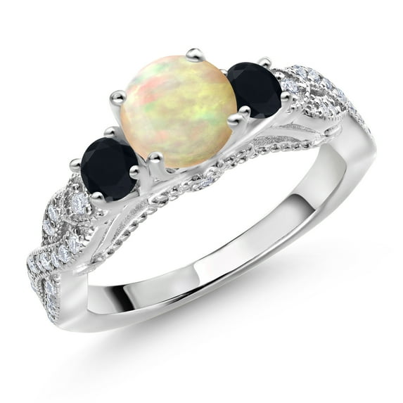 Gem Stone King 925 Sterling Silver White Ethiopian Opal Black Onyx and White Moissanite Engagement Ring for Women (1.03 Cttw, Gemstone, Round Cabochon 6MM and 3MM, Size 6)