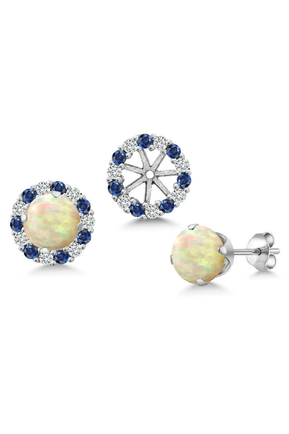 925 Sterling Silver White Ethiopian Opal Earrings with Jackets for Women | 1.12 Cttw | Gemstone October Birthstone | Round Cabochon 6MM
