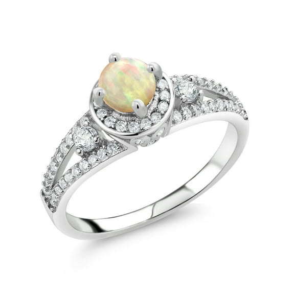 Gem Stone King 925 Sterling Silver White Ethiopian Opal Engagement Ring for Women (1.24 Cttw, Round Cabochon 5MM, Gemstone October Birthstone, Size 8)