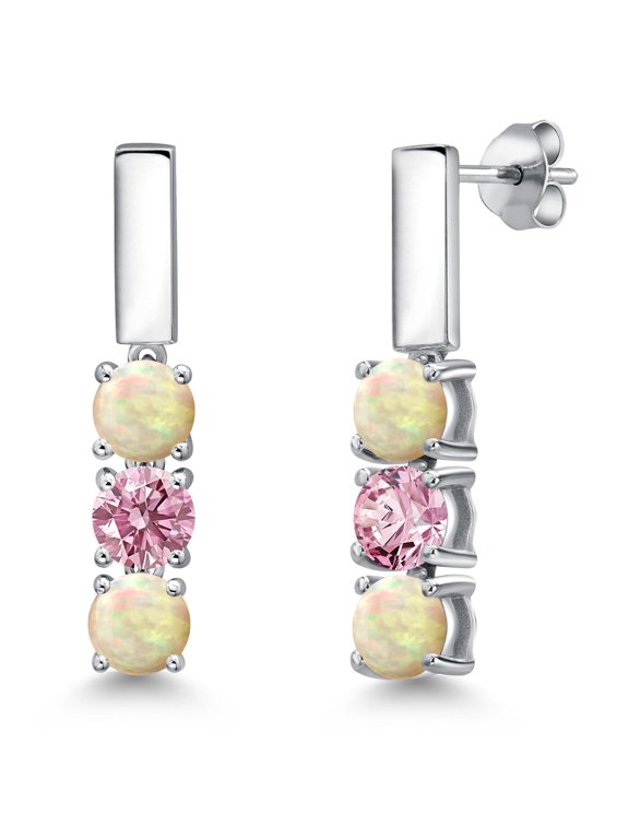 925 Sterling Silver White Ethiopian Opal and Pink Lab Grown Diamond Drop Dangle Earrings for Women | 1.10 Cttw | Gemstone October Birthstone | Round Cabochon 5MM