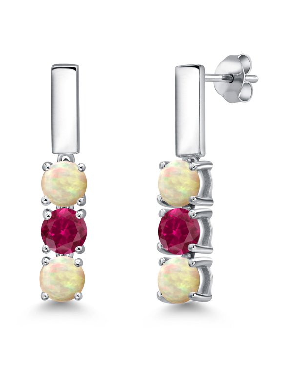 925 Sterling Silver White Ethiopian Opal and Red Created Ruby Drop Dangle Earrings for Women | 1.20 Cttw | Gemstone October Birthstone | Round Cabochon 5MM