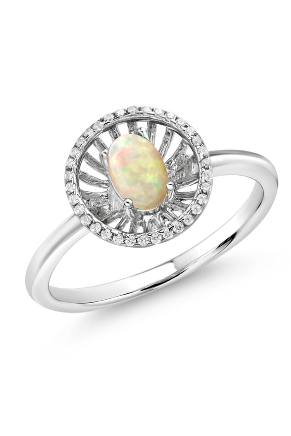 925 Sterling Silver White Ethiopian Opal Ring for Women (0.80 Cttw, Oval Cabochon 6X4MM, Gemstone Birthstone, Size 9)