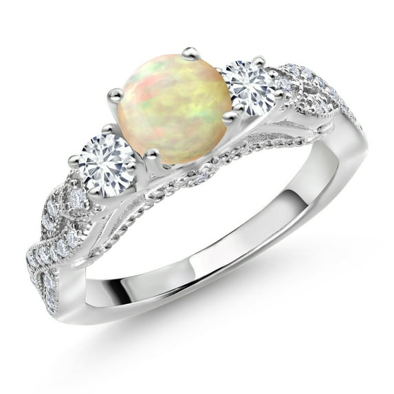 Gem Stone King 925 Sterling Silver White Ethiopian Opal White Lab Grown Diamond and White Moissanite Engagement Ring for Women (1.03 Cttw, Gemstone, Round Cabochon 6MM and 3MM, Size 7)