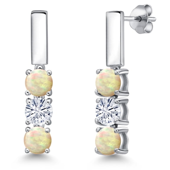Gem Stone King 925 Sterling Silver White Ethiopian Opal and White Moissanite Drop Dangle Earrings for Women | 1.10 Cttw | Gemstone October Birthstone | Round Cabochon 5MM