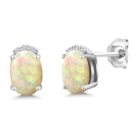 Gem Stone King 925 Sterling Silver White Ethiopian Opal and White Moissanite Stud Earrings for Women (1.08 Cttw, Gemstone October Birthstone, Oval Cabochon 7X5MM)